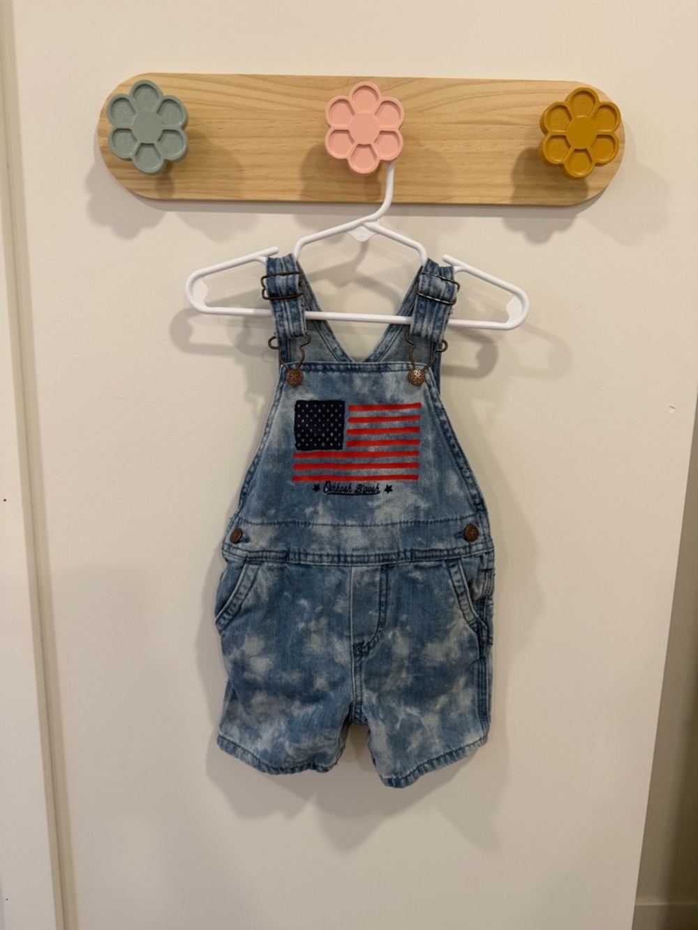 OshKosh B'gosh Acid Wash Denim Short Overalls with Flag Patch - Blue, Red, White